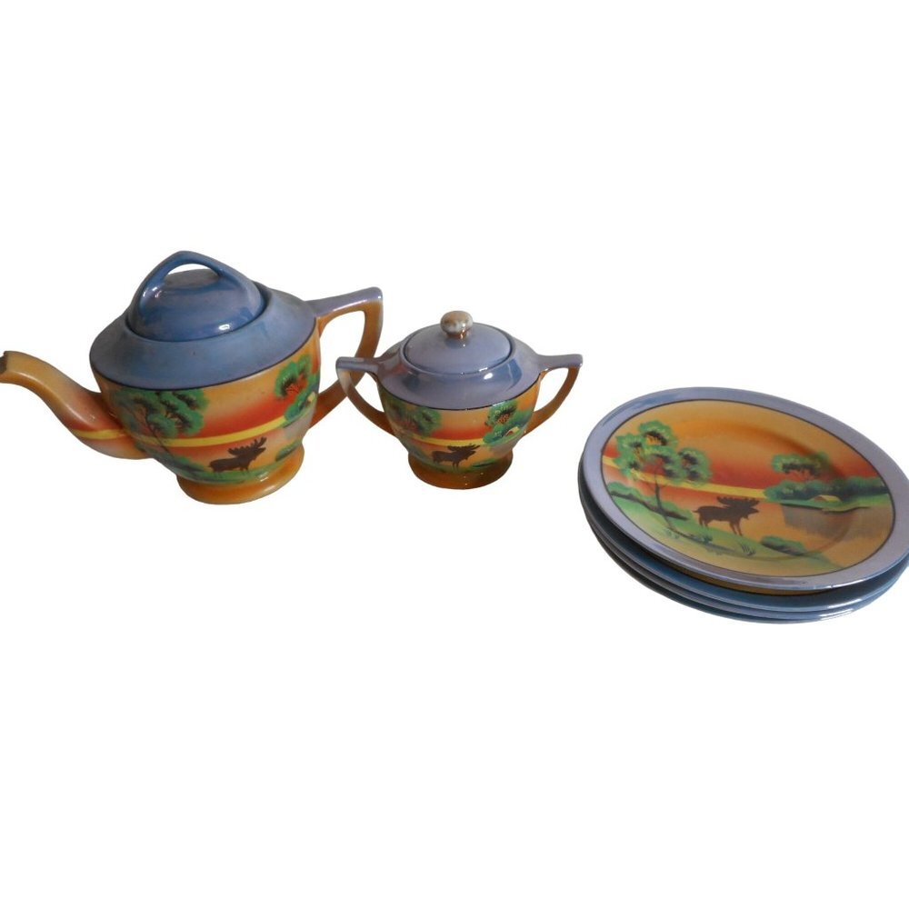 Vintage 1930s Tea serving set Pot Sugar Plates Moose Motif Japan handpainted